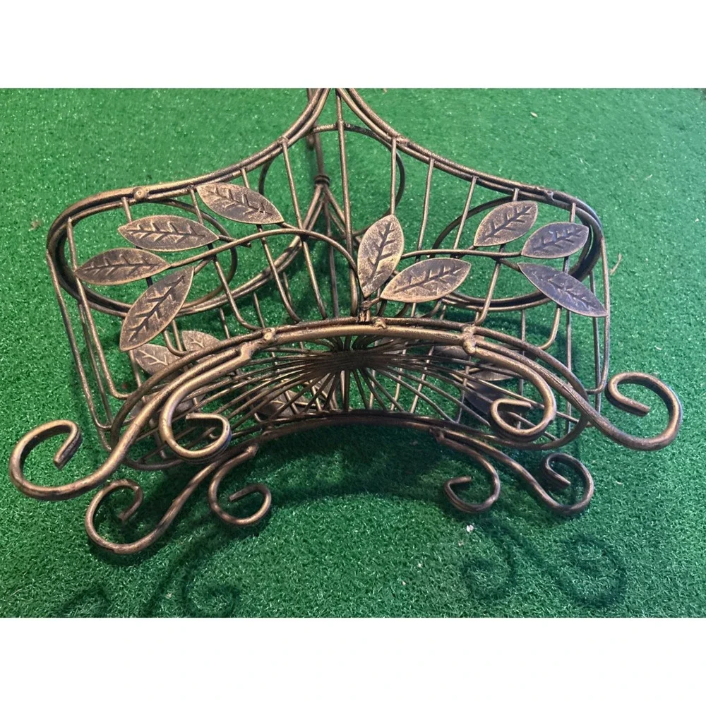 Vintage Bronze Metal Leaf Wire Wine Bottle and Glass Holder Caddy accommodates 3